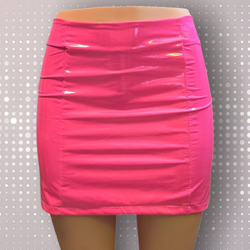 Neon Hot Pink Vinyl Mini Skirt Medium Wet Look Y2K Rave Clubwear Dance Exotic